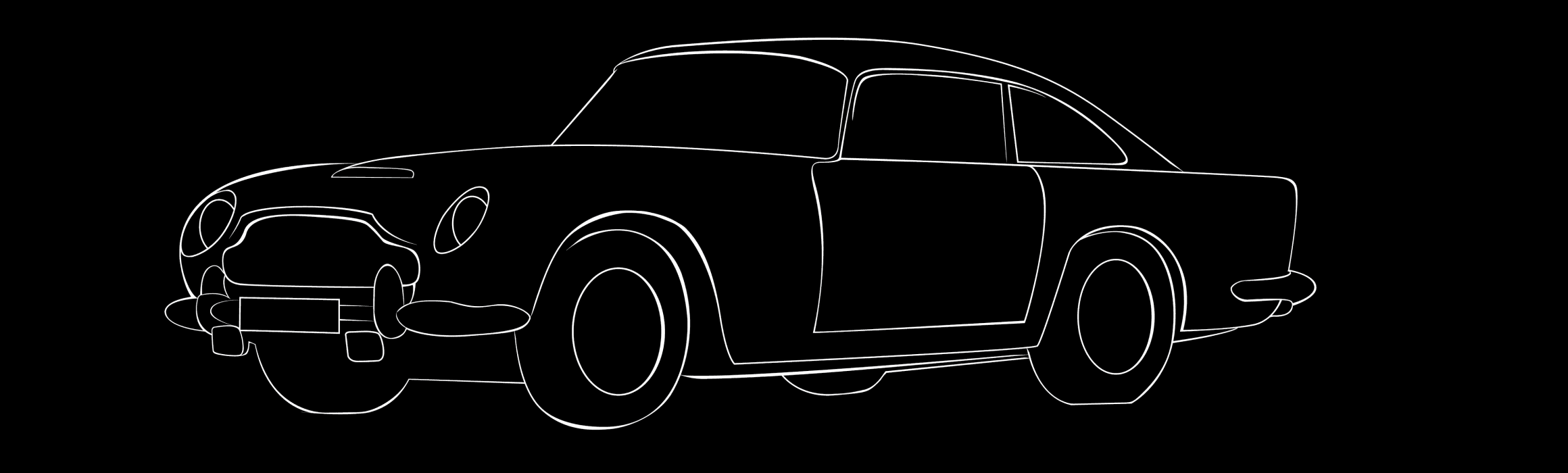 A black image with an illustration of a classic car facing left, drawn in white lines